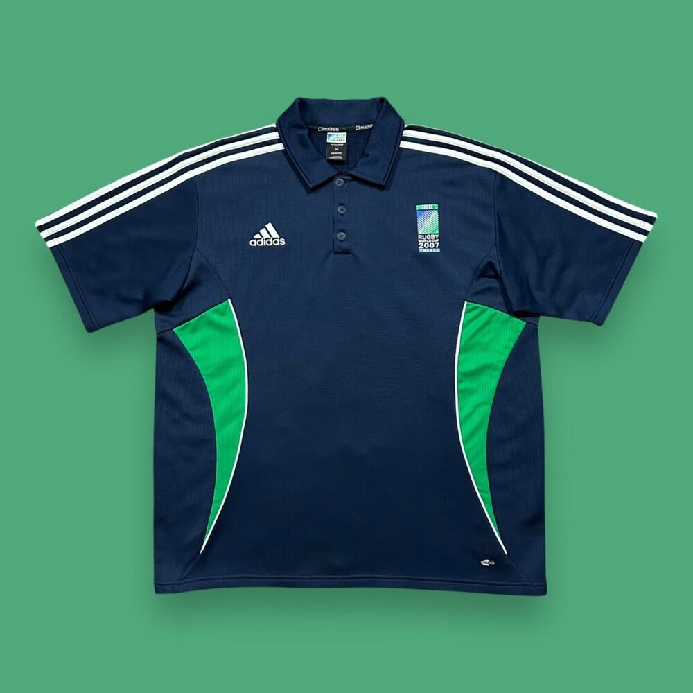 Adidas Polo Shirt Rugby World Cup 2007 France Short Sleeve Blue Green 2XL